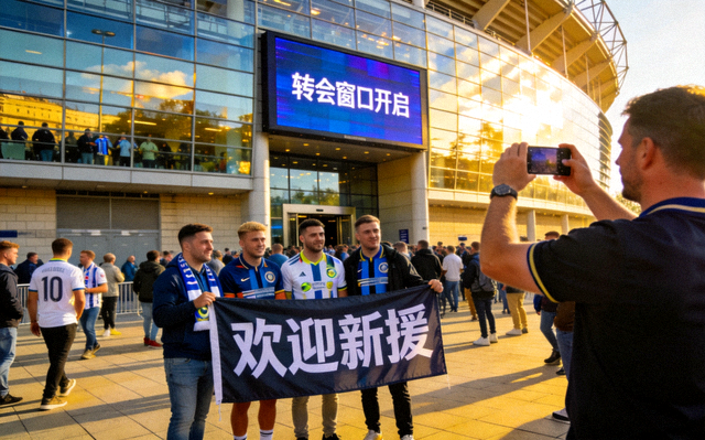欧洲足球转会窗口期间球场外景与球迷聚集画面